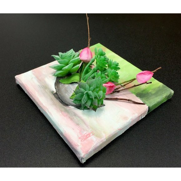Succulent Plant Painting Original Acrylic Pink Green 6x6 Canvas Mixed Media - Picture 4 of 5